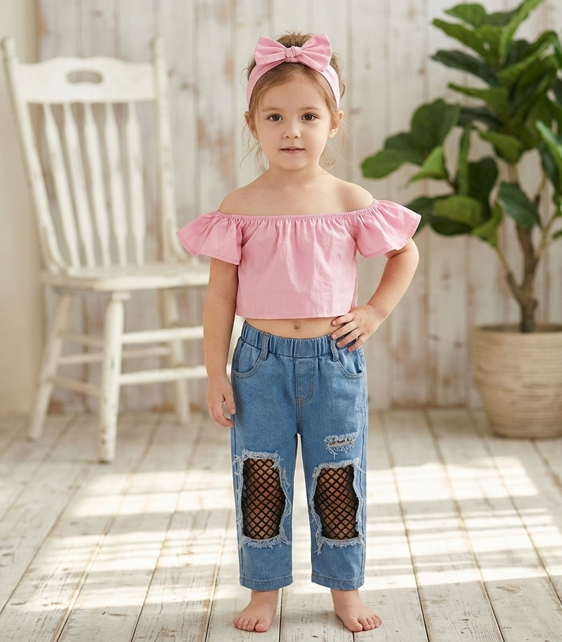 Girls 3-Piece Summer Set – Top, Jeans & Headband - Kids 