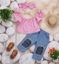 Girls 3-Piece Summer Set – Top, Jeans & Headband