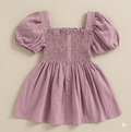 Girls Lilac Smocked Puff Sleeve Dress