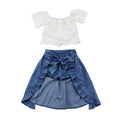 Girls 3-Piece Lace Top & Denim Ruffle Skirt Set