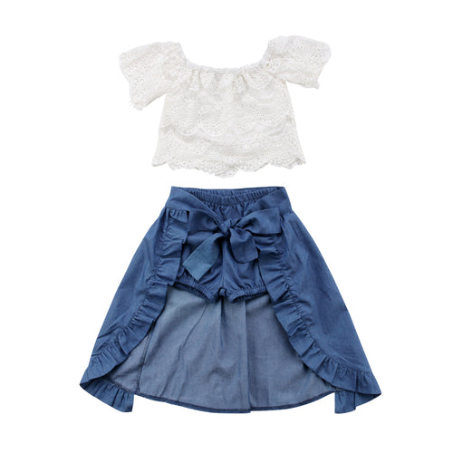 Girls 3-Piece Lace Top & Denim Ruffle Skirt Set - Kids 