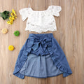 Girls 3-Piece Lace Top & Denim Ruffle Skirt Set