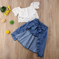 Girls 3-Piece Lace Top & Denim Ruffle Skirt Set