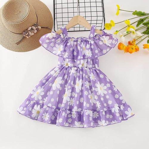 Girls Georgette Floral Frock — Off-Shoulder Knee-Length Dress | Breezy Summer Outfit for Girls 4–5 Years - Kids 