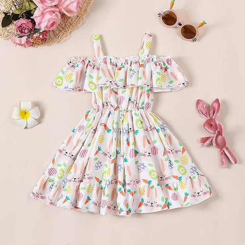 Girls Floral Georgette Frock Dress — Off-Shoulder & Knee Length | Elegant Party Dress for Girls 4–5 Years - Kids 