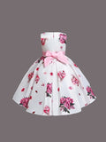 Girls Pink Satin Floral Frock — Bow Detail & Layered Skirt | Elegant Party Dress for Girls 5–6 Years