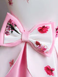 Girls Pink Satin Floral Frock — Bow Detail & Layered Skirt | Elegant Party Dress for Girls 5–6 Years