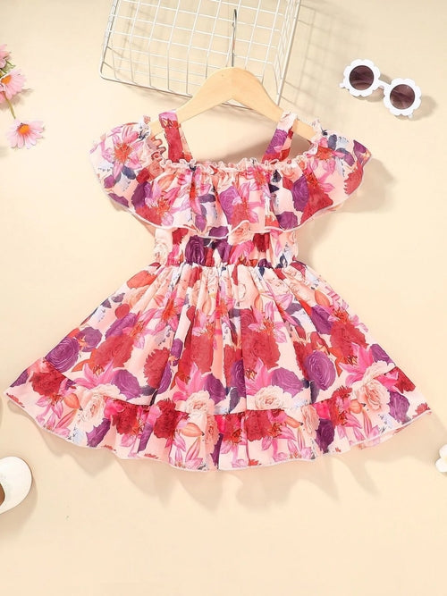 Girls Floral Georgette Frock — Off-Shoulder Knee-Length Dress | Pretty Party Outfit for Girls 4–5 Years - Kids 