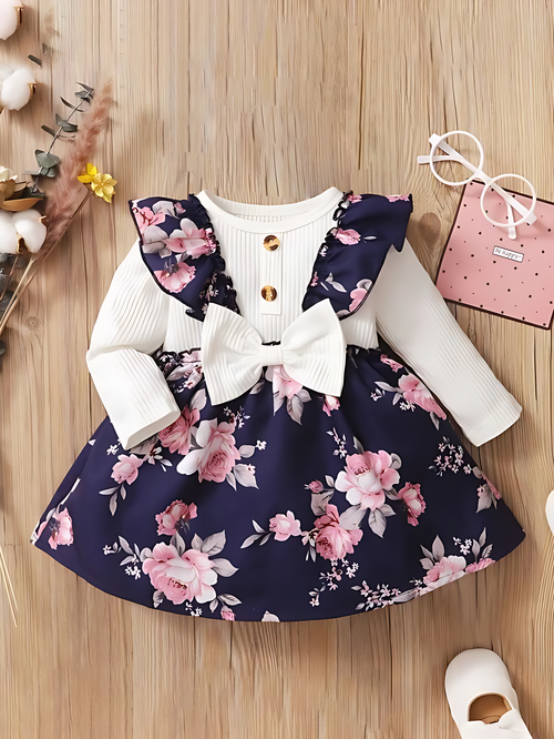 Baby Girls Floral Lycra Dress — Full Sleeve Sequin Bodice & Tulle Skirt | Special Occasion Dress for Baby Girls 1–2 Years - Kids 