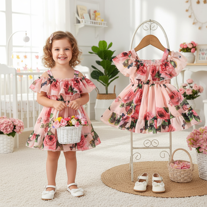 Girls Off-Shoulder Floral Frock — Soft Georgette Knee-Length Dress | Occasion Wear for Girls 4–5 Years - Kids 