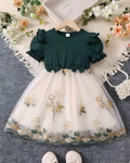 Girls Green Embroidered Fit & Flare Dress — Ruffle Top & Floral Tulle Skirt | Elegant Dress for Girls 4–5 Years