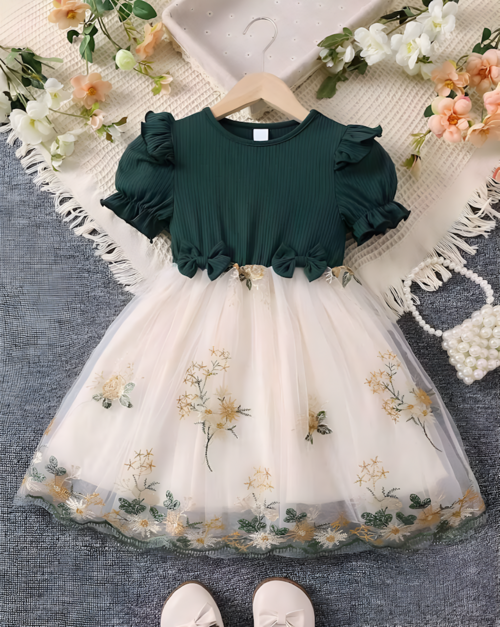 Girls Green Embroidered Fit & Flare Dress — Ruffle Top & Floral Tulle Skirt | Elegant Dress for Girls 4–5 Years - Kids 
