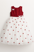 Girls Red & White Tulle Party Dress — Bow Detail & Floral Skirt | Occasion Dress for Girls 4–5 Years