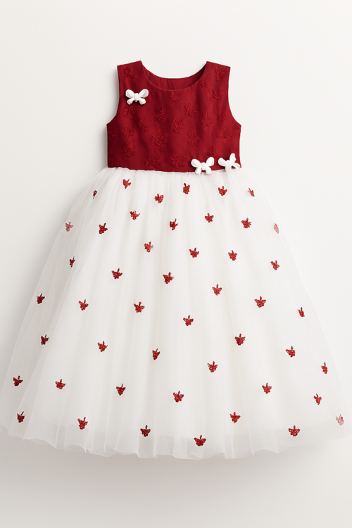 Girls Red & White Tulle Party Dress — Bow Detail & Floral Skirt | Occasion Dress for Girls 4–5 Years - Kids 
