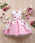 Girls Pink Satin Floral Frock — Bow Detail & Layered Skirt | Elegant Party Dress for Girls 5–6 Years