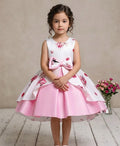 Girls Pink Satin Floral Frock — Bow Detail & Layered Skirt | Elegant Party Dress for Girls 5–6 Years