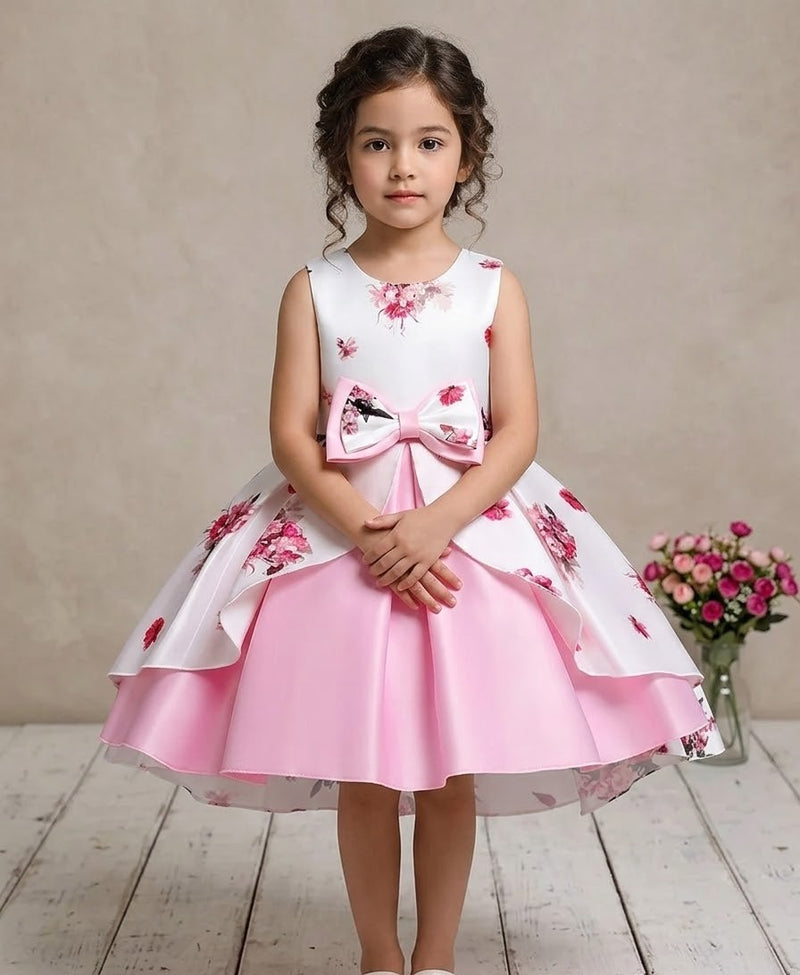 Girls Pink Satin Floral Frock — Bow Detail & Layered Skirt | Elegant Party Dress for Girls 5–6 Years - Kids 